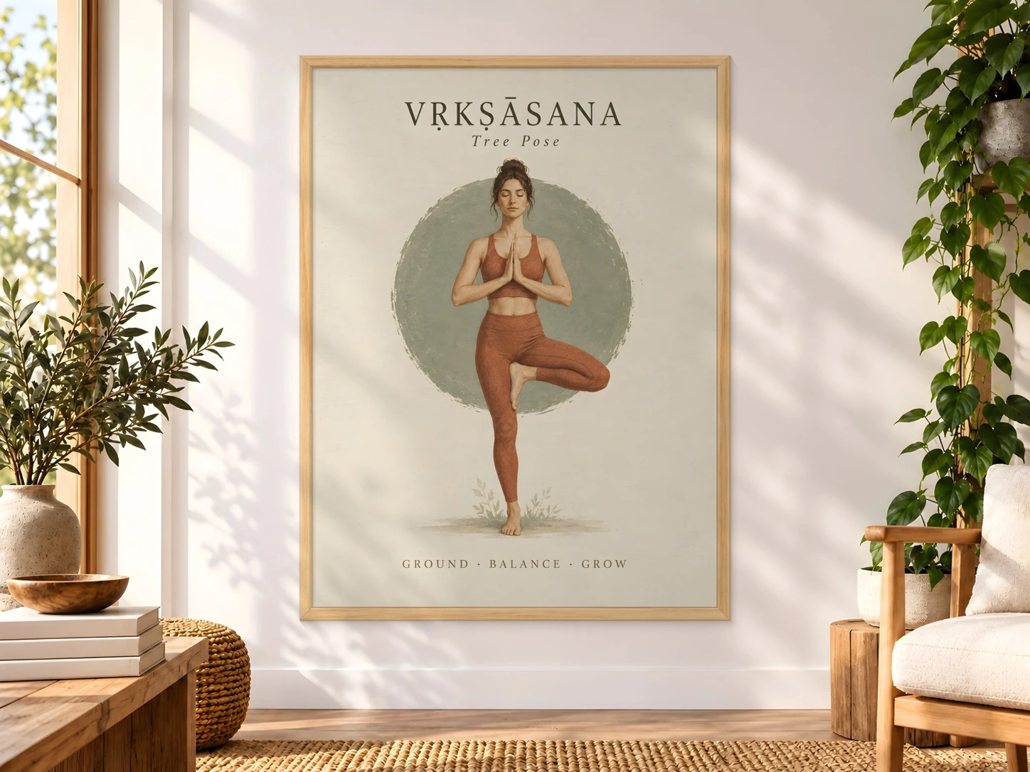Tree Pose artwork in a natural wood frame, attached to a sunlit wall